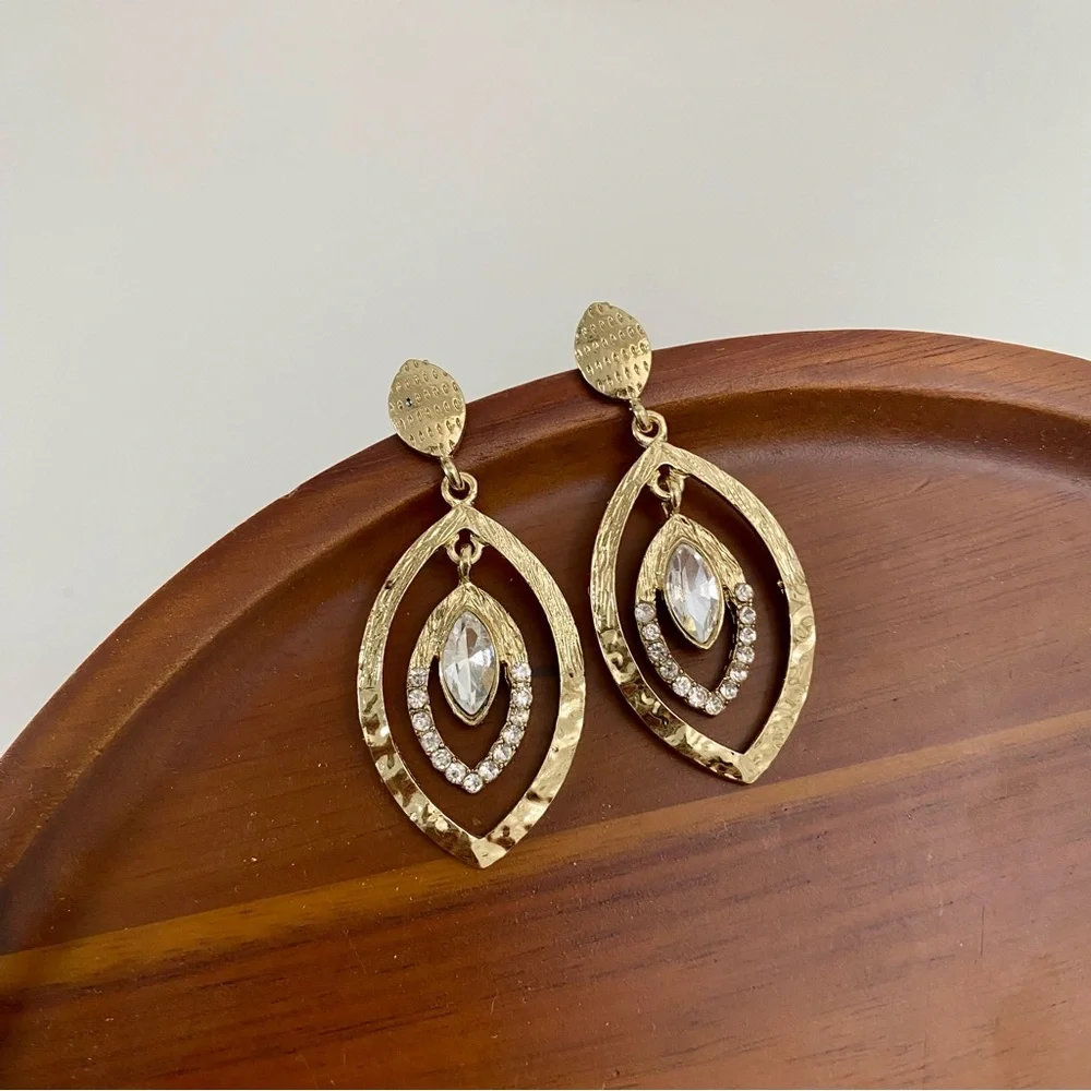 4/$15 Gold Hammered Open Marquise Design Crystal Drop Dangle Earrings